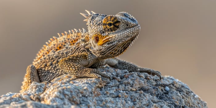 Chameleon Forest Dragon rests in solitude showcasing its unique spiny crest and textured skin vividly lit by soft ambient light in a clean environment. photo
