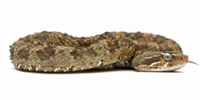 Common European Viper rests quietly on a soft white background displaying its distinctive zigzag patterns and intricate scales under natural light. photo