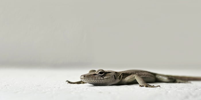 European legless lizard is lying stretched out against a soft white backdrop clearly displaying its elongated body and smooth texture illuminated by gentle lighting. photo