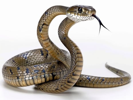 False Water Cobra displays an impressive posture with its hood partially expanded against a pristine white background emphasizing its unique scales and features. photo