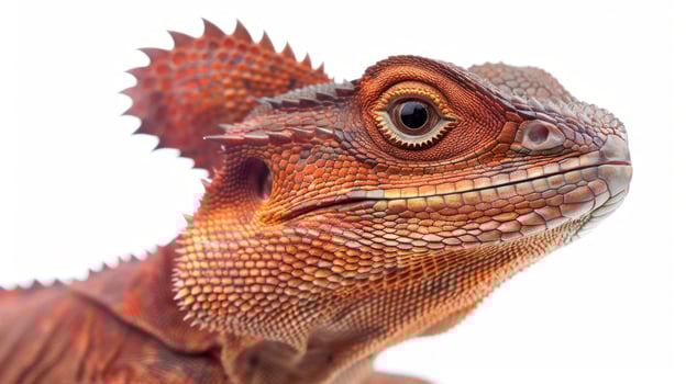 Frilled Dragon stands poised and alert showcasing its fully extended frill. Its striking colors contrast against the bright white backdrop highlighting its unique features. photo