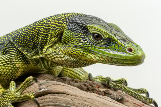 green tree monitor lizard displays its vibrant scales while resting on a branch showcasing its unique features under bright white lighting. The lizard is beautifully highlighted. photo