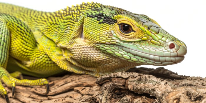 Green Tree Monitor is perched gracefully on branch showcasing vibrant green scales and intricate textures in bright even lighting on a pristine white background. photo