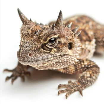 Horned Lizard remains still against a pristine white backdrop allowing for a clear view of its intricate spiky scales and unique horn structure embodying its distinct reptilian traits. photo