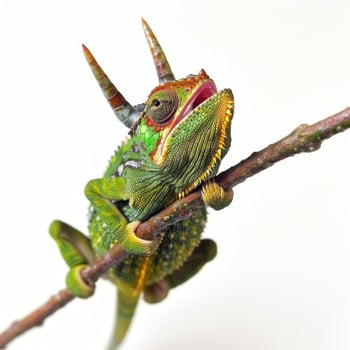 Jacksons Chameleon grips a slender twig showcasing its three protruding horns. This creature exhibits bright colors against a stark white backdrop highlighting its unique features. photo