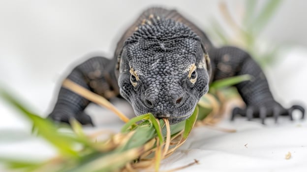young Komodo Dragon hatchling is seen moving forward with curiosity surrounded by greenery while perched against a bright white backdrop. photo