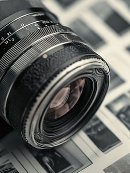 A camera lens is sitting on top of a photo album
