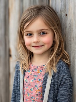 A little girl with long hair and blue eyes standing in front of a wooden fence photo