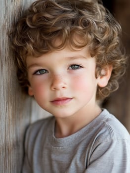 A young boy with curly hair leaning against a wooden wall photo