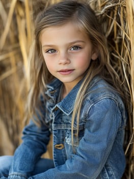 A young girl sitting in a haystack photo