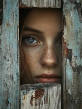 A woman with freckles peeking out of a wooden door photo