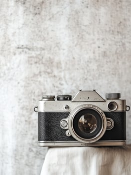 An old camera sitting on top of a white cloth photo
