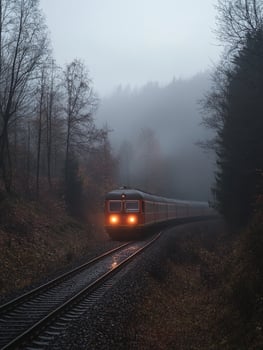 A train traveling down the tracks in the fog photo
