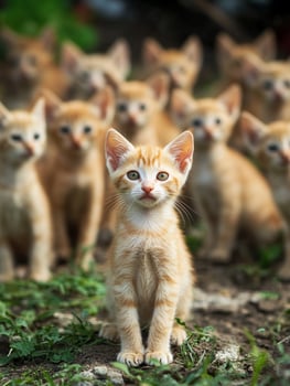 A group of small orange kittens standing in the grass photo