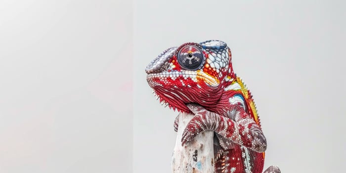Madagascar Giant Chameleon grips a branch showcasing its vibrant color patterns. The striking reptile is isolated against a high key white backdrop highlighting its details. photo
