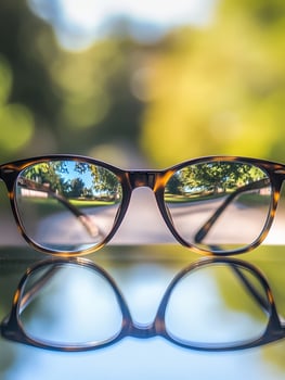 A pair of glasses with a reflection of the trees in the background photo