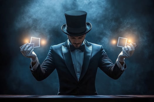 A magician performs a card trick in a dark stage setting with dramatic lighting and smoke photo