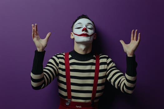 A performer dressed as a clown presents an entertaining act against a vibrant purple backdrop photo