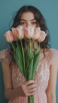 A woman holding pink tulips in front of her face against a soft green background photo