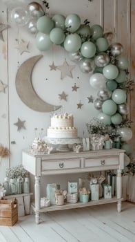 Elegant celebration setup with balloons, a cake, and decorations for a special occasion photo