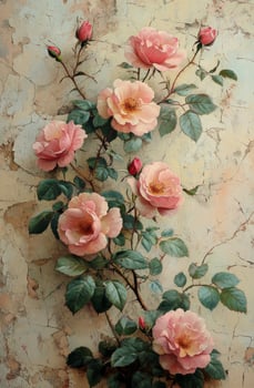 A climbing rose bush adorned with pink blooms against a weathered wall in soft afternoon light photo