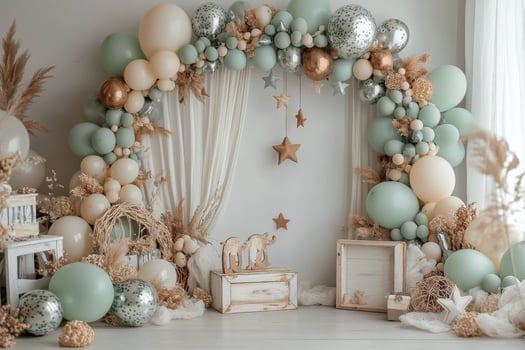 Elegant pastel balloon arch with decorative stars and floral accents for a special event photo