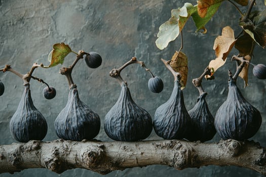 A pyramid of fresh dark figs arranged on a textured surface in a low light setting photo