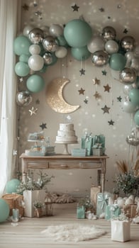 Elegant celebration setup with balloons, a cake, and decorations for a special occasion photo