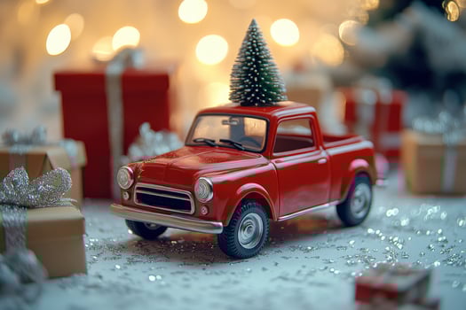 Red toy truck with Christmas tree on top among wrapped presents and holiday decorations photo