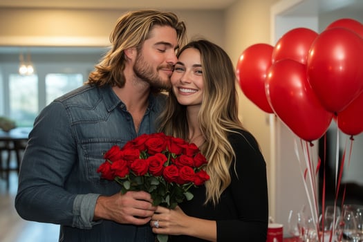 Romantic couple celebrates special occasion with roses and balloons at home in evening light photo