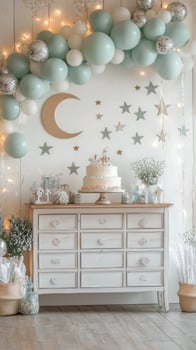 Elegant celebration setup with balloons, a cake, and decorations for a special occasion photo