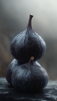 Fresh black figs stacked elegantly with water droplets on a dark surface in soft lighting photo
