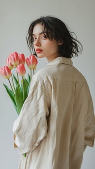 A woman in a neutral outfit holding a bunch of delicate pink tulips indoors photo