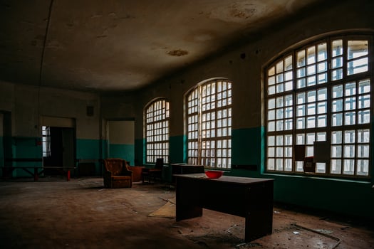 Inside old Orlovka Asylum for the insane in Voronezh Region. Dark creepy abandoned mental hospital photo
