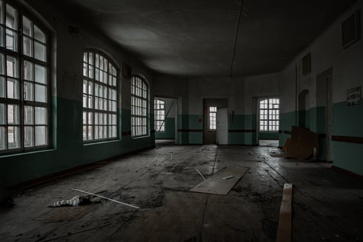 Inside old Orlovka Asylum for the insane in Voronezh Region. Dark creepy abandoned mental hospital photo