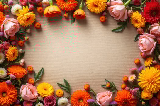 Floral Frame with Orange Pink and Yellow Flowers on Brown Background photo