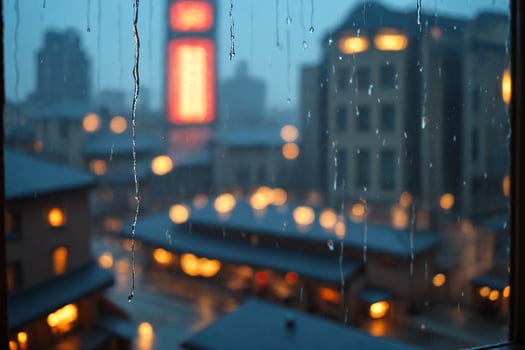 Rainy Cityscape View Through Window with Raindrops photo