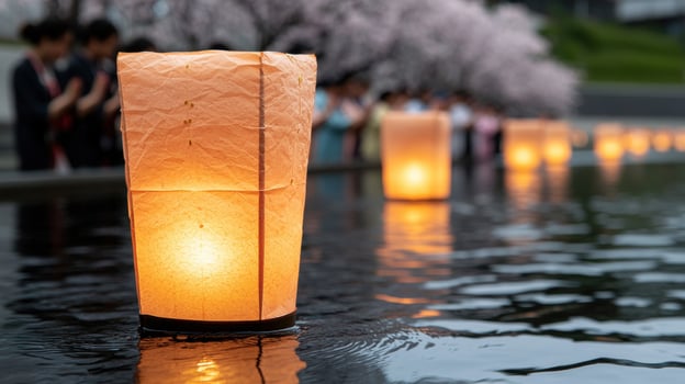 Floating lanterns in a serene pond photo