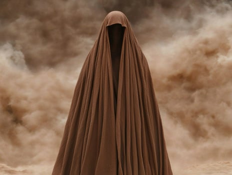 Mysterious figure in brown cloak against cloudy sky photo