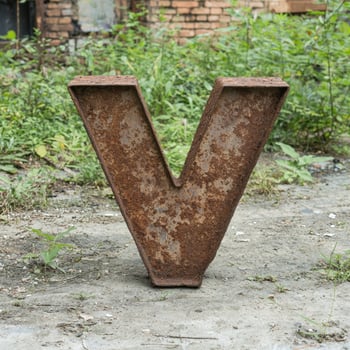 Rusted metal letter v in overgrown garden photo