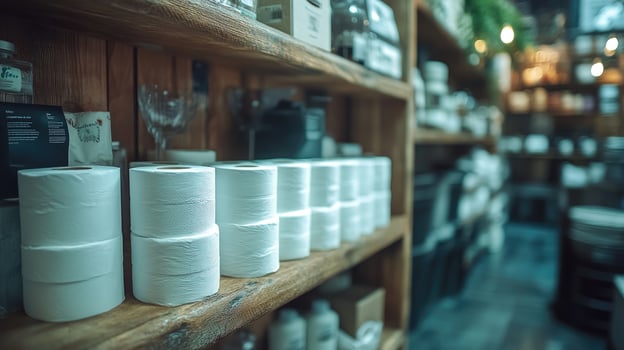 Toilet paper stacks sit on rustic bathroom shelf photo