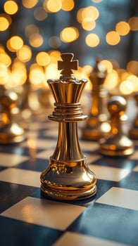 Golden king chess piece standing on chessboard with bokeh lights photo
