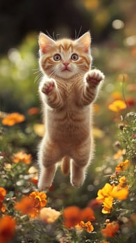 Playful ginger kitten jumping in flowers during golden hour photo