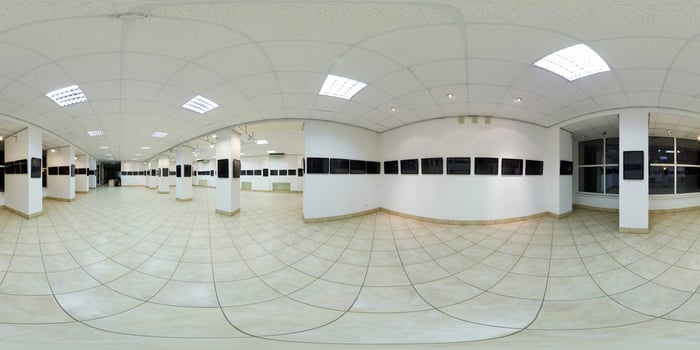 hdri 360 panorama in hall room of exhibition gallery with empty frames for paintings in equirectangular seamless spherical projection. can used to create virtual staging photo