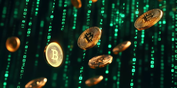 Delve deep into the intriguing concept of cryptocurrency, where abstract gold coins gracefully cascade through a dynamic digital binary backdrop, symbolizing the promising future of global finance photo