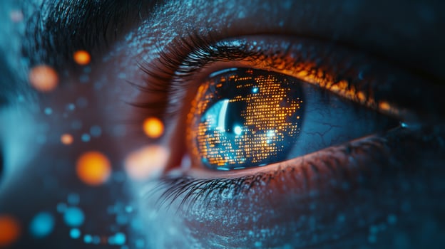 This image features a striking closeup of a human eye set against a vibrant green tech background, representing the crucial themes of cybersecurity and the everevolving digital age we live in photo