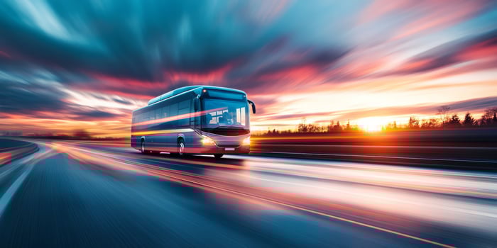A sleek, modern bus navigates a brightly lit expressway at dusk, with vibrant colors enhancing the thrill of fastpaced transport through a lively urban landscape full of life and activity photo