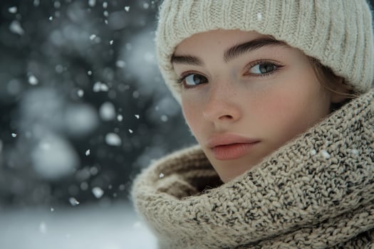 Cozy Winter Portrait of a Woman in Snowy Landscape with Warm Knitwear. photo