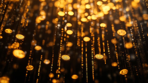 An artistic representation features gold coins cascading against a backdrop of binary code, symbolizing the rich realm of digital wealth and the revolutionary blockchain technology in finance photo