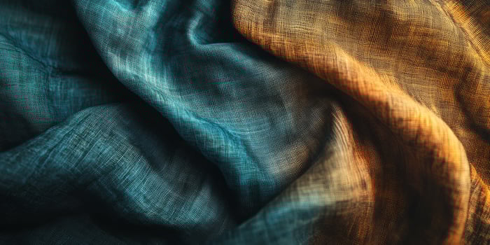 A beautifully draped piece of fabric displaying stunning gradients of both blue and orange hues throughout photo